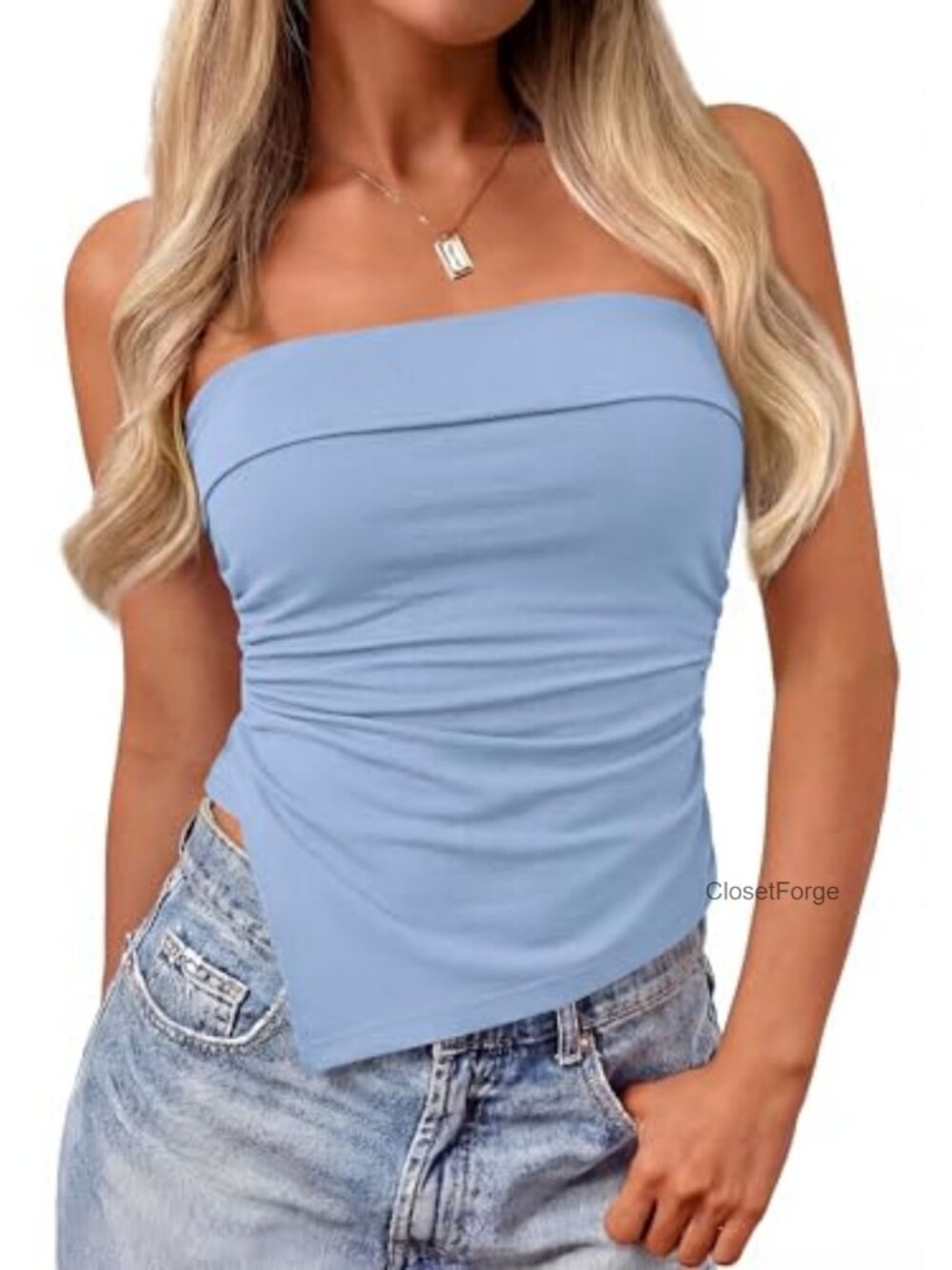 Stretchy Knit Strapless Tube Top Ruched Asymmetrical Summer Tank